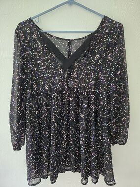 BONGO Black Star Print Sheer Blouse with Pastel Stars
